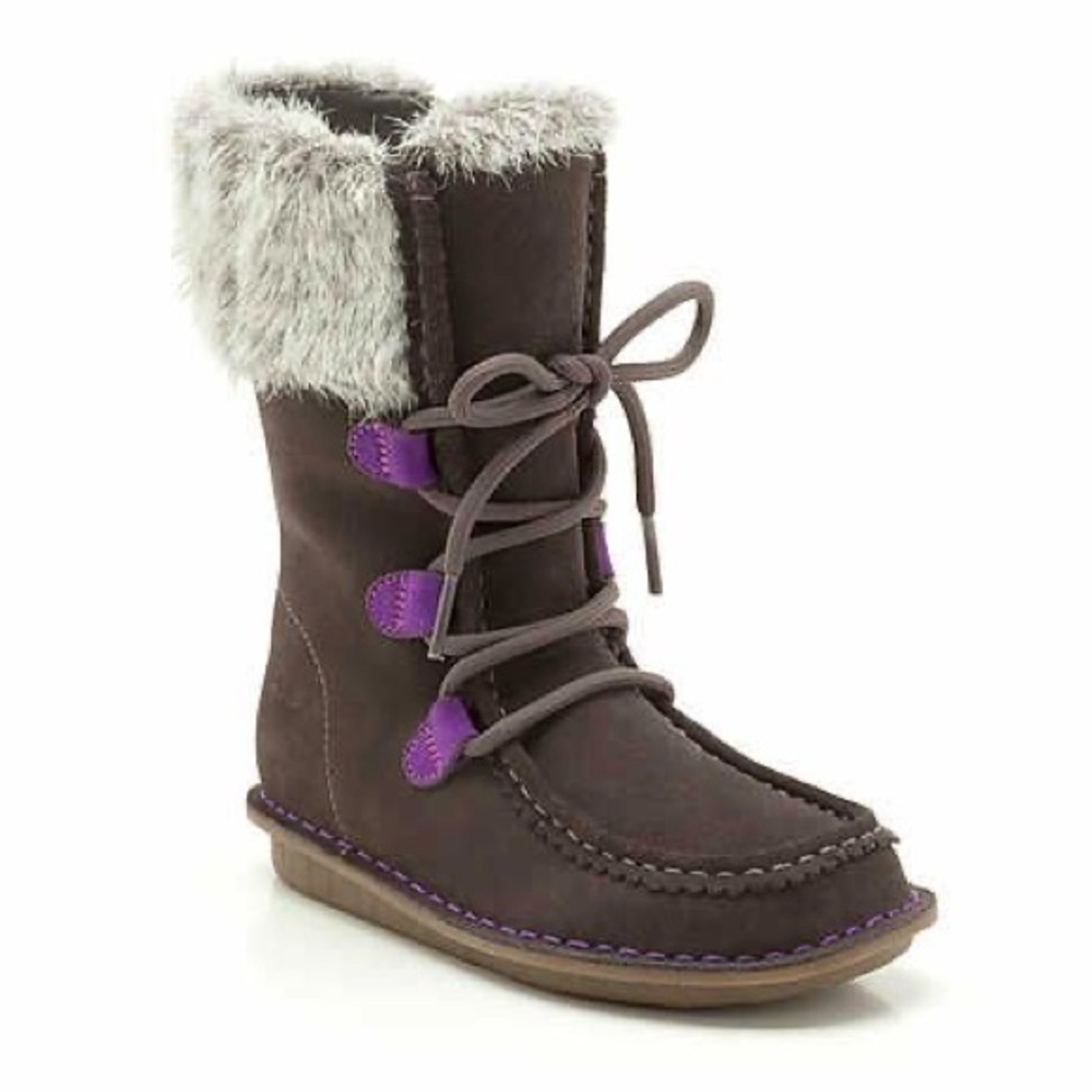 Clarks Girls Snugglewall Tall Suede Zip Lace Up Faux Fur Warm Winter Boots Sz 7